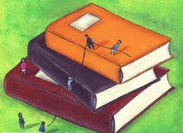 Students climbing books